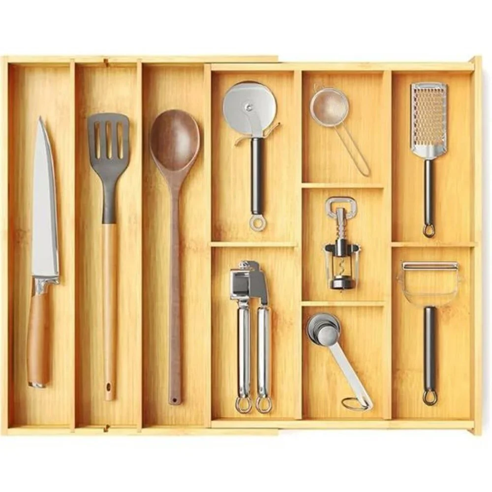 Expandable bamboo silverware drawer organizer utensil flatware cutlery tray hold